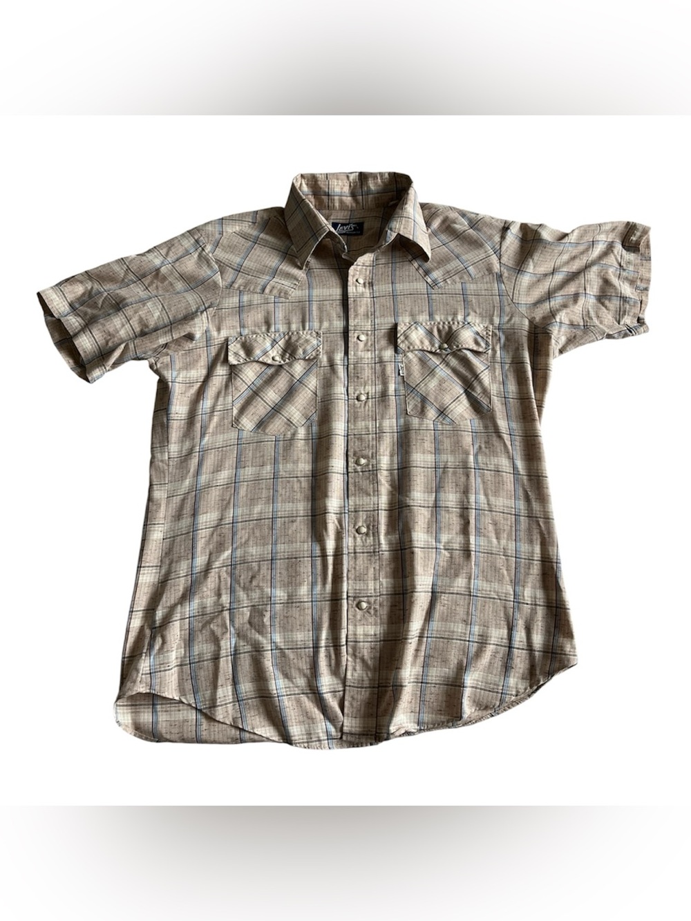 Vintage Levis Mens Large Plaid Western Pearl Snap Shirt Tan Blue 70s 80s Regular